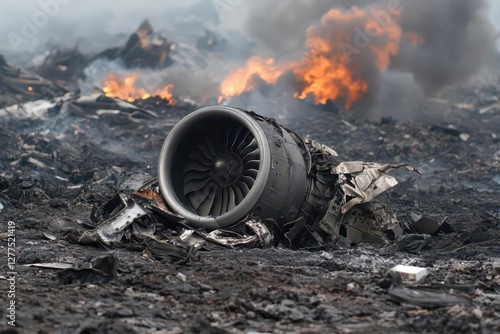 A damaged aircraft engine lies in a smoking crater, surrounded by fragmented plane parts photo