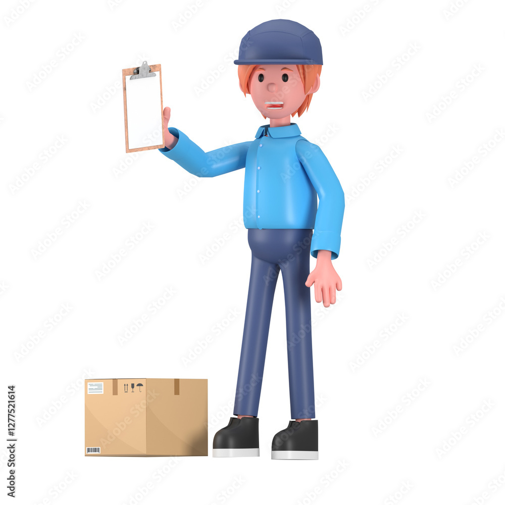 Delivery courier man in blue uniform holding clipboard and cardboard package box. Safe delivery of goods concept. 3d people character illustration. Cartoon minimal style. PNG background Delivery courier man in blue uniform holding clipboard and cardboard package box. Safe delivery of goods concept. 3d people character illustration. Cartoon minimal style. PNG background