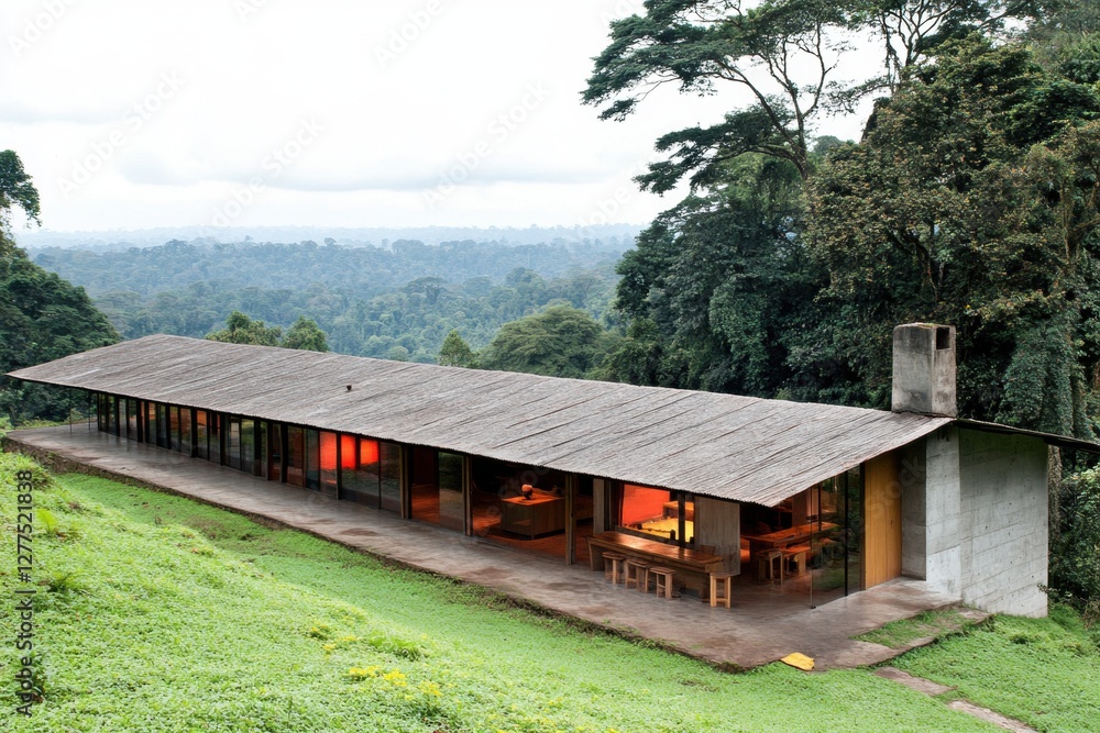 Long House with a Wide Roof on a Green Hill Overlooking Vast Forest Landscape Long House with a Wide Roof on a Green Hill Overlooking Vast Forest Landscape
