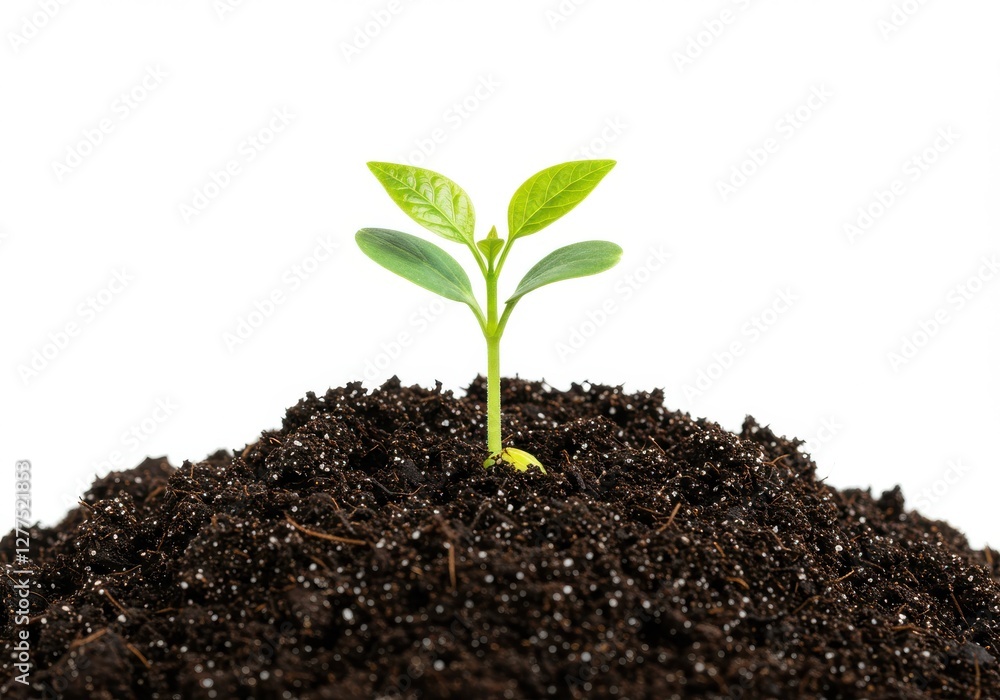 Young green seedling small plant sprouting rich dark soil mound of earth vibrant leaves new growth white background Young green seedling small plant sprouting rich dark soil mound of earth vibrant leaves new growth white background