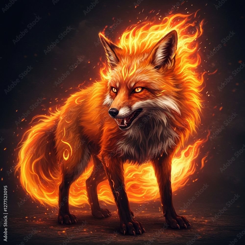 Naklejka premium Fox Ablaze Standing Fiercely with Fiery Fur and Glowing Eyes