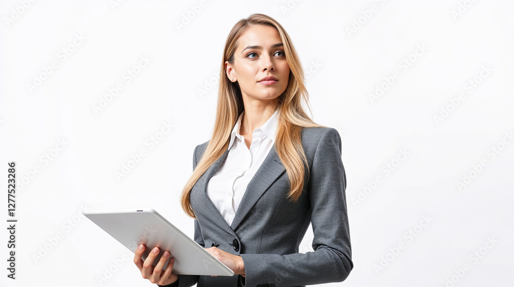 Young businesswoman holding digital tablet, looking aside for promo advertising isolated on white background Young businesswoman holding digital tablet, looking aside for promo advertising isolated on white background