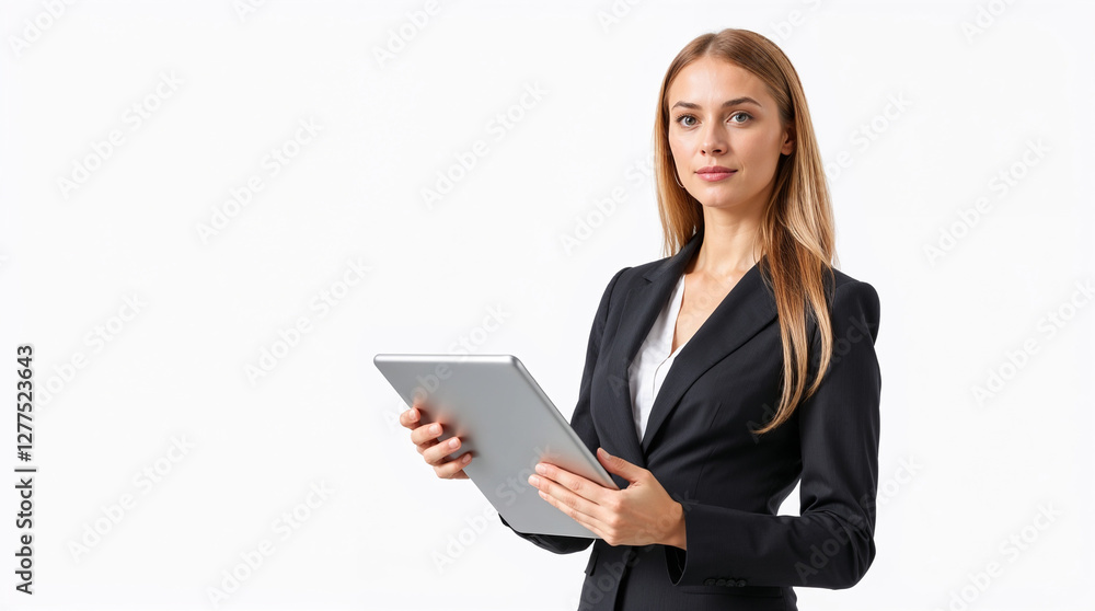 Young businesswoman holding digital tablet, looking aside for promo advertising isolated on white background Young businesswoman holding digital tablet, looking aside for promo advertising isolated on white background