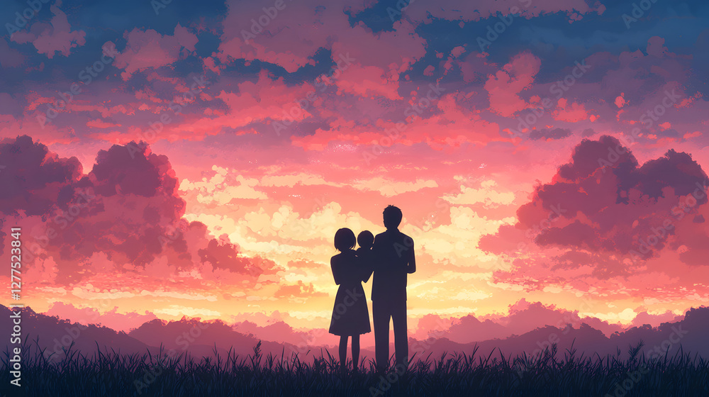 Fototapeta premium Family Silhouette Against Vibrant Sunset Sky