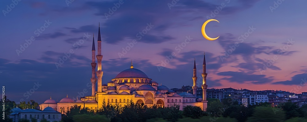 Naklejka premium Illuminated mosque stands elegantly under a crescent moon at twilight