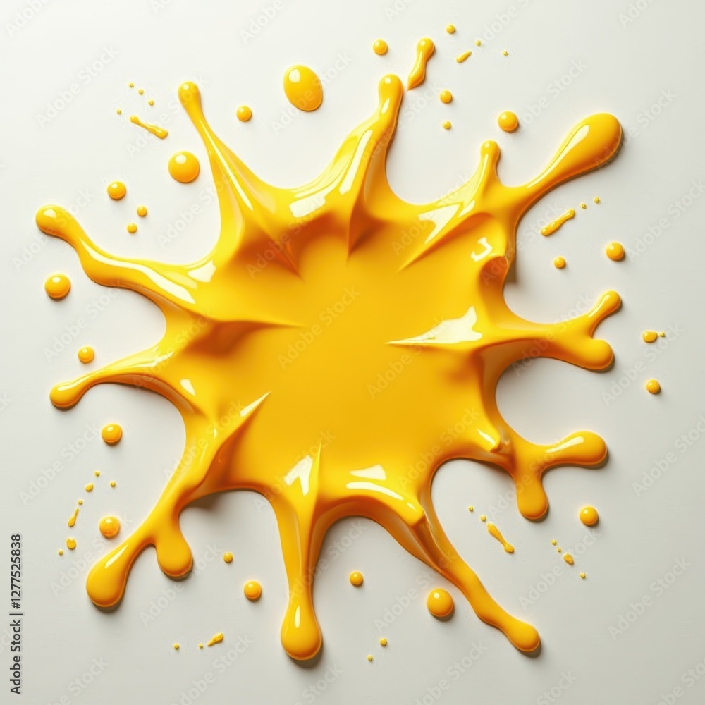 Vibrant Yellow Paint Splatter Against Stark White Background: Realistic Rendering for Stunning Visual Contrast. A splash of yellow liquid on a white surface. Vibrant Yellow Paint Splatter Against Stark White Background: Realistic Rendering for Stunning Visual Contrast. A splash of yellow liquid on a white surface.