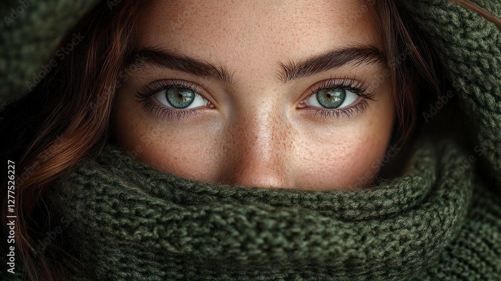 Powerful Female Presence with Captivating Eyes and Textured Green Scarf in Realistic Portrait Powerful Female Presence with Captivating Eyes and Textured Green Scarf in Realistic Portrait