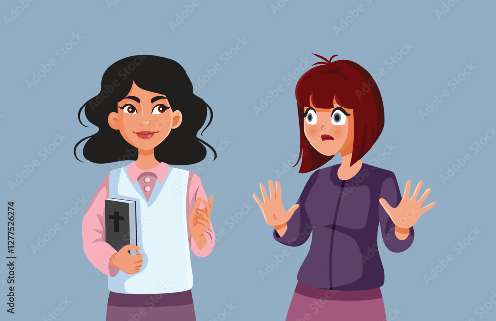 Woman Saying No to a Bible Saleswoman Vector Concept Illustration. Atheist person does not want to learn more about religion
Woman Saying No to a Bible Saleswoman Vector Concept Illustration. Atheist person does not want to learn more about religion