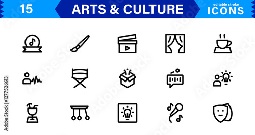 Art and Culture Icons. High-Quality Line and Outline Vector Illustrations for Heritage, Performance, Music, UI/UX, and Digital Design Needs