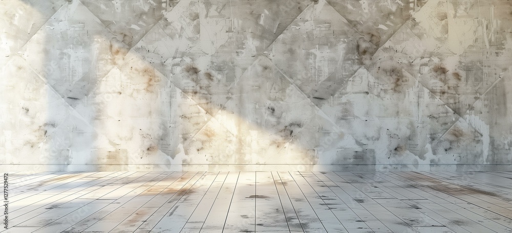 Fototapeta premium Sunlit Room Interior with Distressed Whitewashed Walls and Weathered Wood Floor