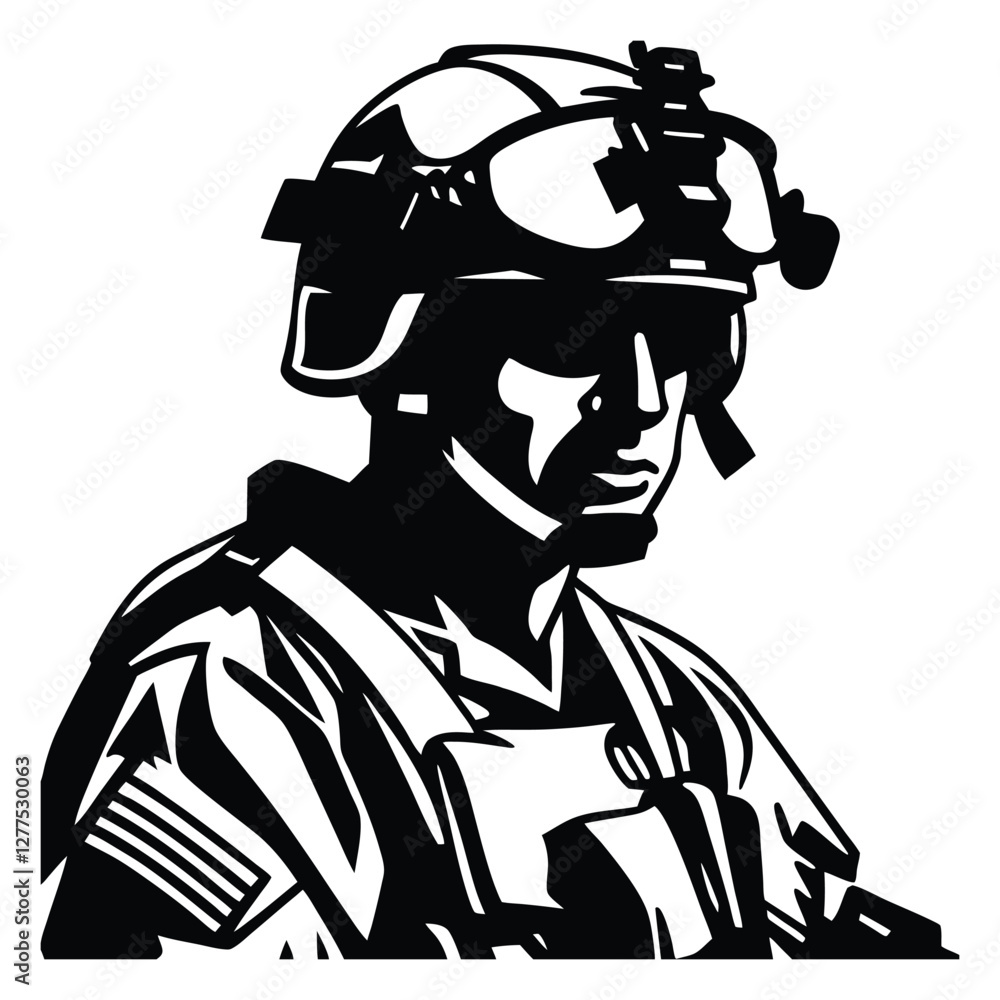 Stylized soldier in full combat gear with a helmet and rifle, ready for action Stylized soldier in full combat gear with a helmet and rifle, ready for action