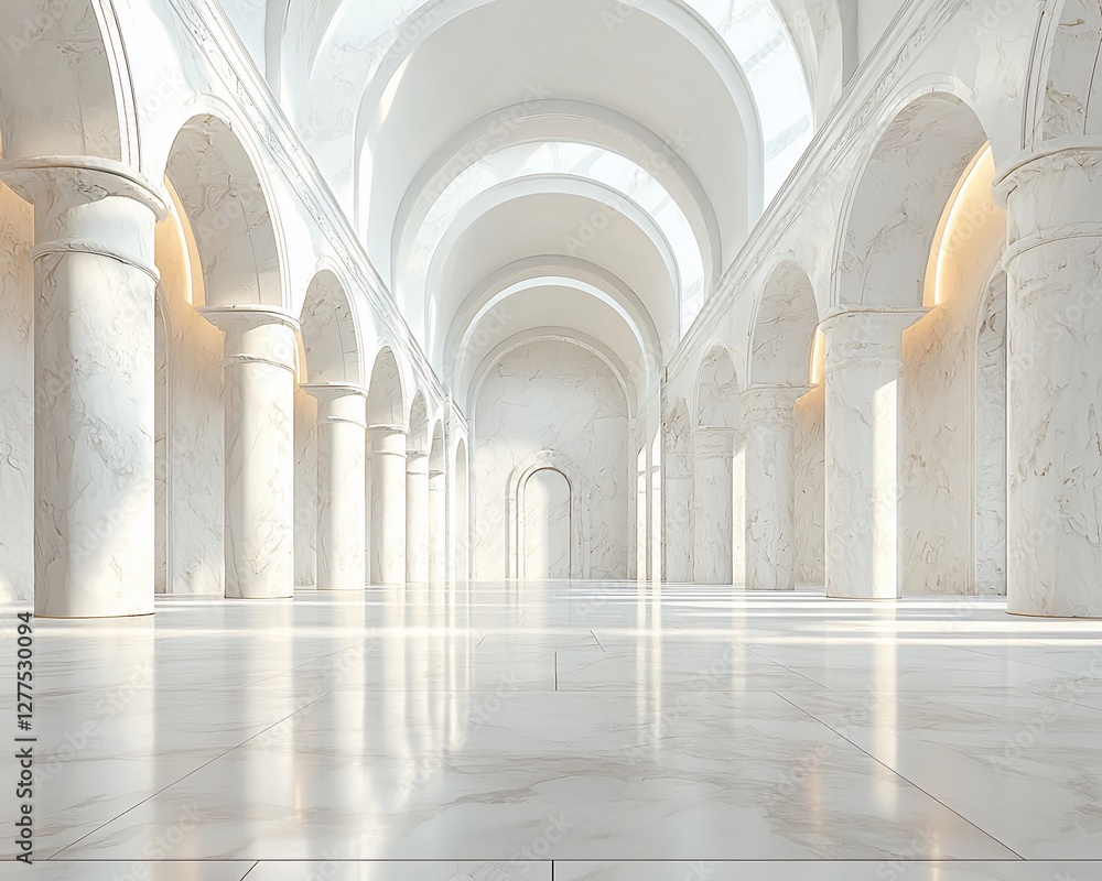 Sunlit white marble hall with columns and arches. Sunlit white marble hall with columns and arches.
