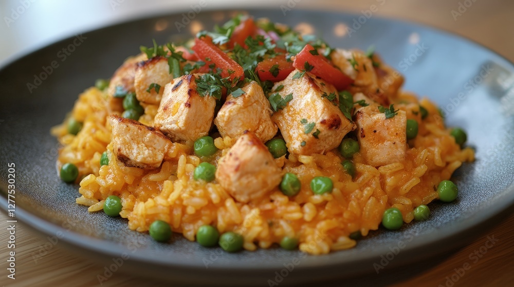 A plate of flavorful chicken risotto garnished with peas and tomatoes. A plate of flavorful chicken risotto garnished with peas and tomatoes.