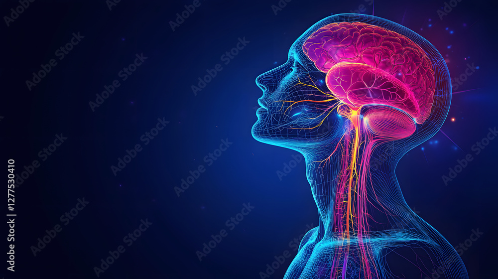 Digital illustration of a human head with a glowing brain and neural pathways Digital illustration of a human head with a glowing brain and neural pathways