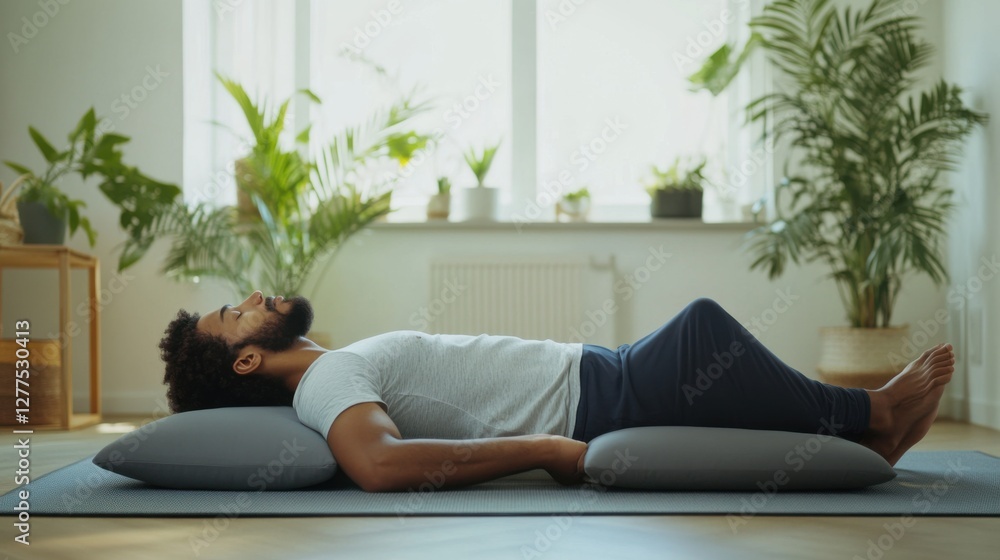 Chronic back pain relief through relaxation techniques in a calming living room. Featuring healing and comfort Chronic back pain relief through relaxation techniques in a calming living room. Featuring healing and comfort