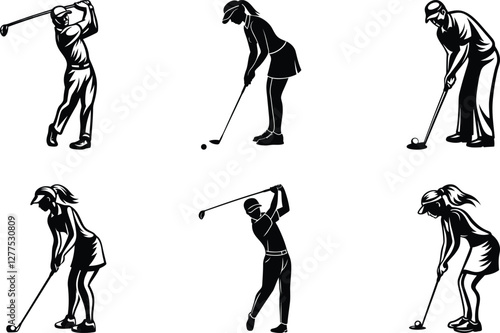 Golf player in action vector icon illustration set, golf player in action silhouette and line art vector design