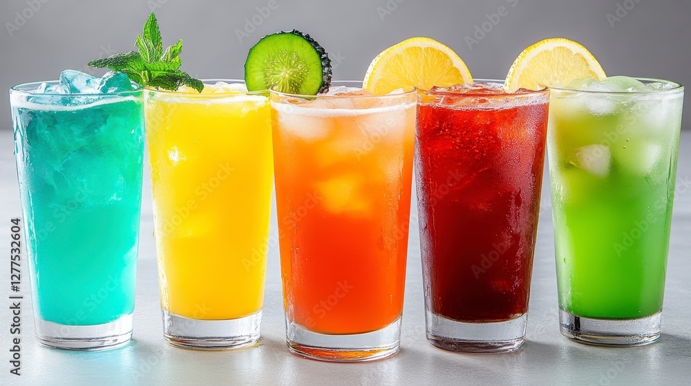 Colorful Refreshing Drinks Displayed in Clear Glasses on Table Colorful Refreshing Drinks Displayed in Clear Glasses on Table