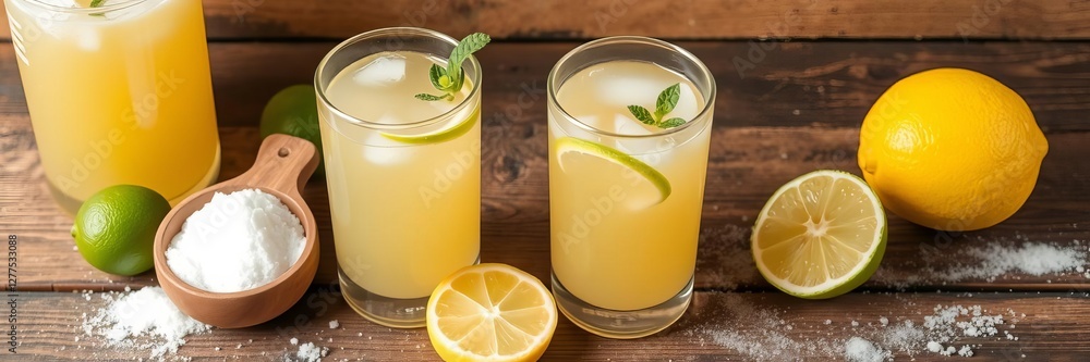 Fototapeta premium Glasses of homemade kombucha and citrus lemonade on wooden background with yeast, sugar, tea, lemon, lime, and probiotics, lime, sugar, lemon