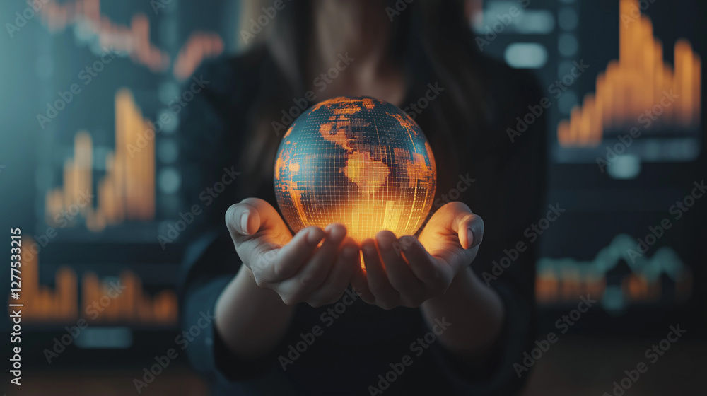 Fototapeta premium interacting with virtual technology and holding a globe