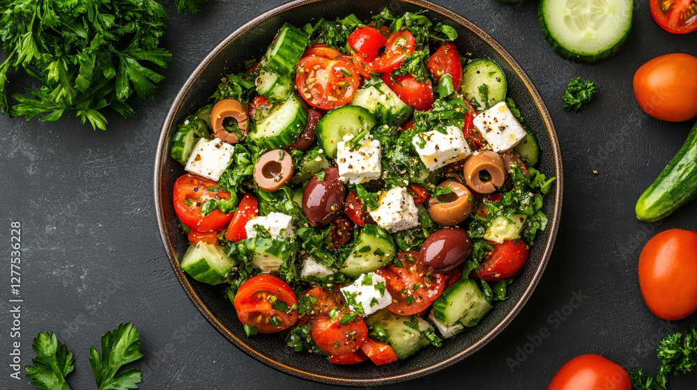 Fresh Mediterranean salad with tomatoes, cucumbers, olives, and feta cheese Fresh Mediterranean salad with tomatoes, cucumbers, olives, and feta cheese