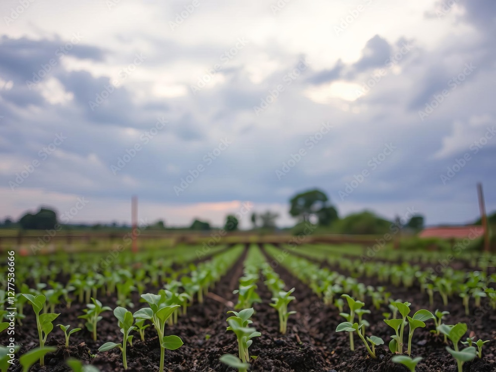 Green plants sprouting in neat rows in dark soil under a dramatic sky, symbolizing growth and agriculture concepts, environment, dramatic sky, gardening Green plants sprouting in neat rows in dark soil under a dramatic sky, symbolizing growth and agriculture concepts, environment, dramatic sky, gardening