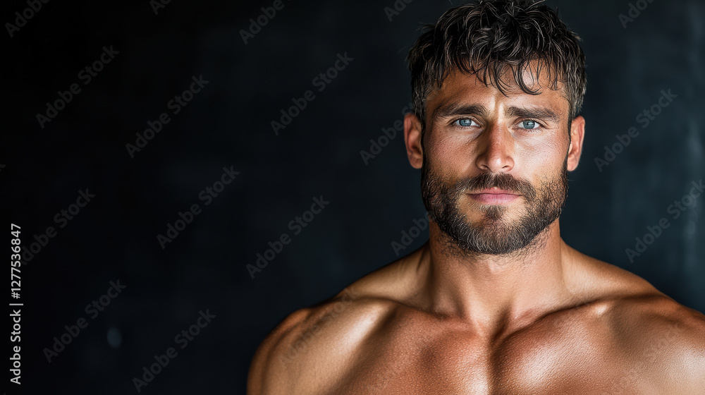 Intense gaze of chiseled man with muscular physique and beard Intense gaze of chiseled man with muscular physique and beard
