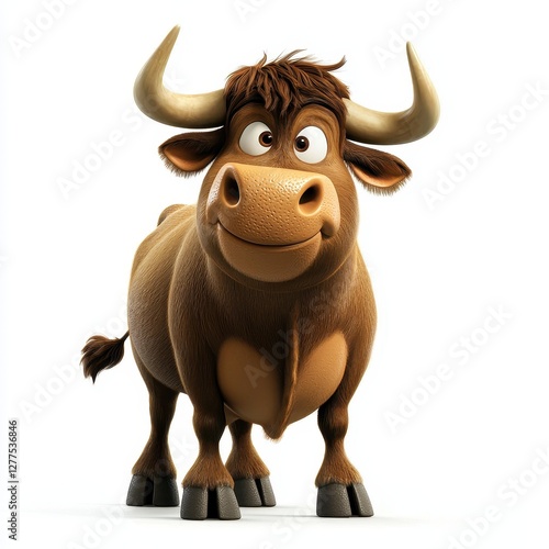 Cheerful Cartoon Bull Brown Furry Cow 3D Rendered Farm Animal Illustration