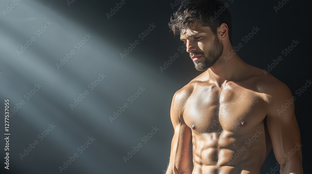 Confident man with six pack abs in dramatic lighting and dark backdrop Confident man with six pack abs in dramatic lighting and dark backdrop