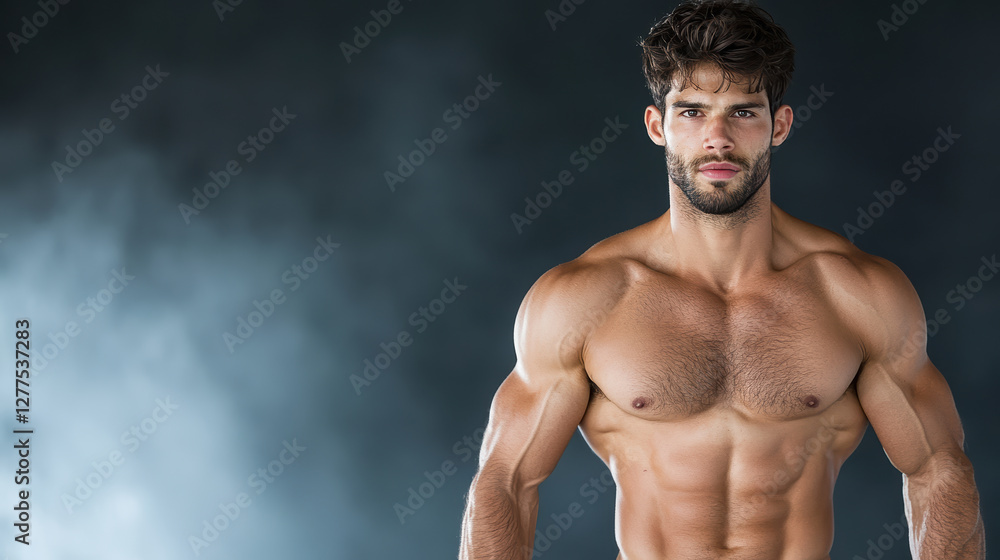 Fototapeta premium Muscular man with defined abs posing confidently against dark background