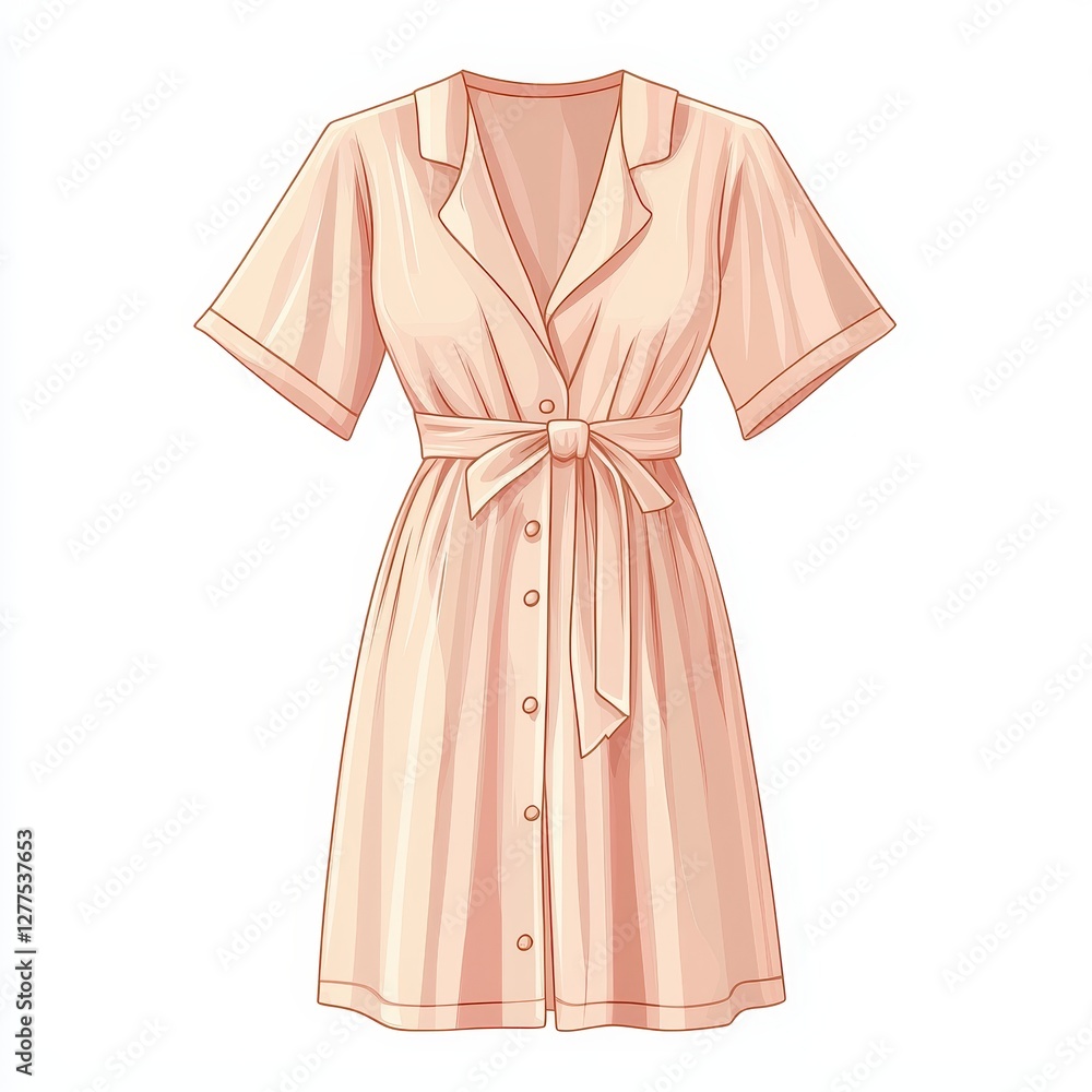 Elegant Peach Short Sleeve Button Down Shirt Dress with Tie Waist Fashion Illustration Elegant Peach Short Sleeve Button Down Shirt Dress with Tie Waist Fashion Illustration