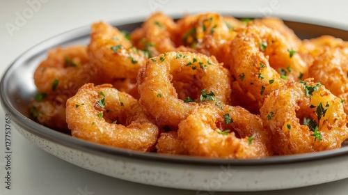 A plate of golden, crispy onion rings garnished with parsley, ready to be served.