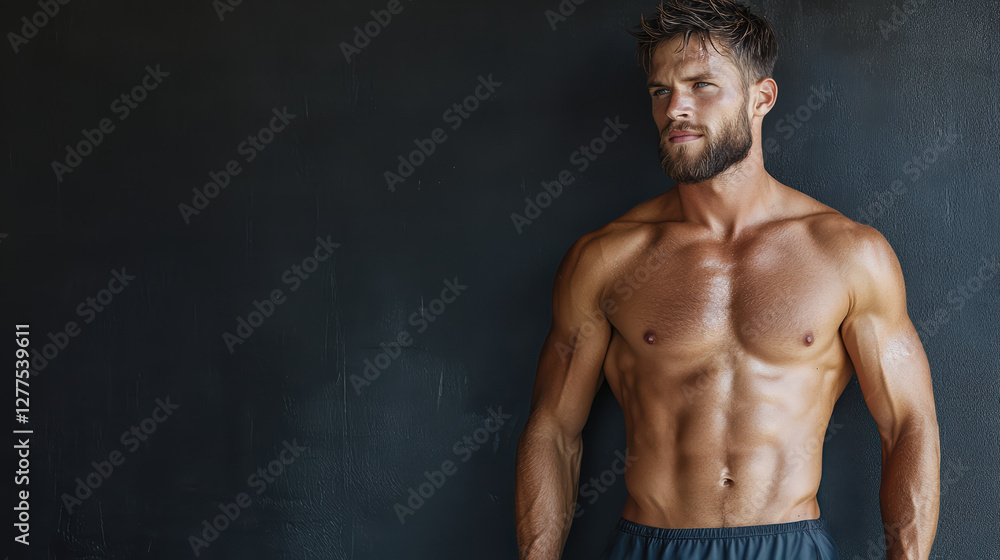 Fototapeta premium Ruggedly handsome man with six pack abs in low key lighting