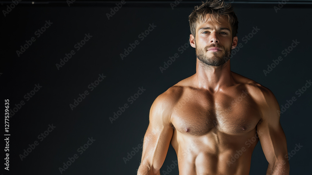 Fototapeta premium Muscular man with six pack abs posing in low light, showcasing strength and confidence