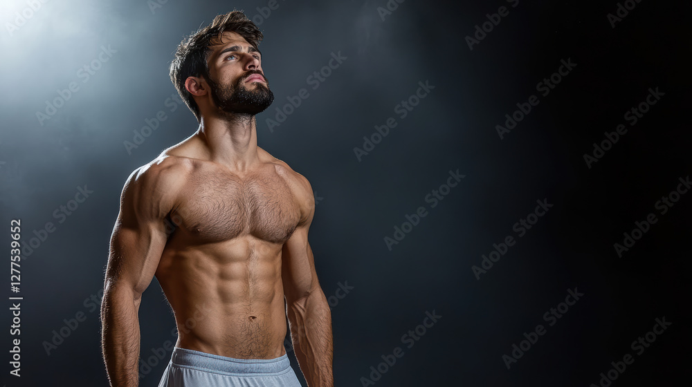 Obraz premium Sculpted man with six pack abs in moody lighting, showcasing strength and confidence