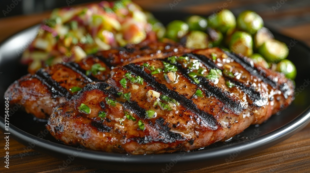 A plate of grilled meat with vegetables and a fresh salad, showcasing a delicious meal. A plate of grilled meat with vegetables and a fresh salad, showcasing a delicious meal.