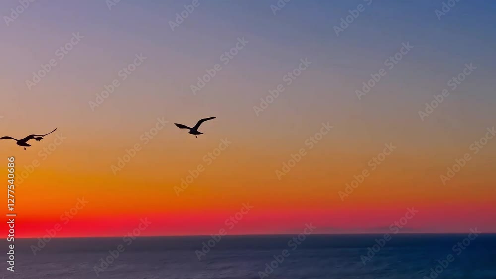 Seagulls flying over the beach with a sunset sky Seagulls flying over the beach with a sunset sky