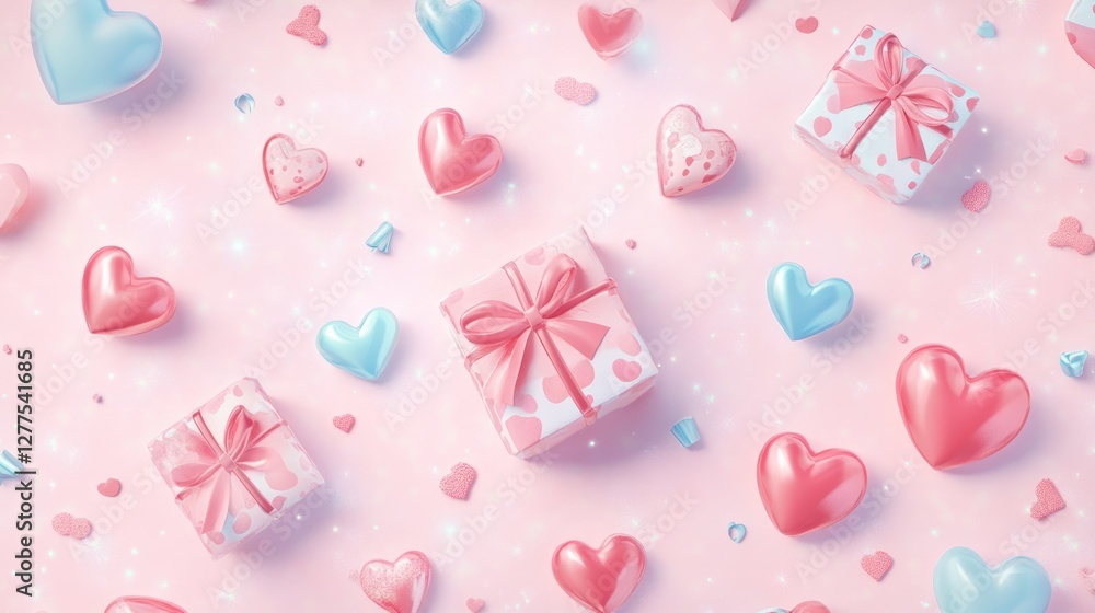 Pink and blue hearts and gift boxes on a pastel pink background. Pink and blue hearts and gift boxes on a pastel pink background.