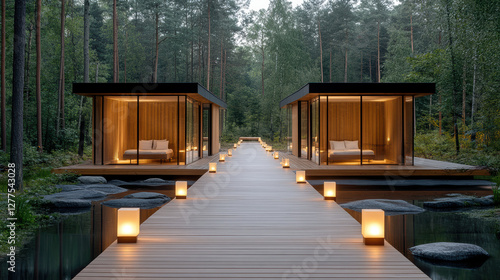 Wallpaper Mural Serene forest retreat with modern cabins and illuminated pathway Torontodigital.ca