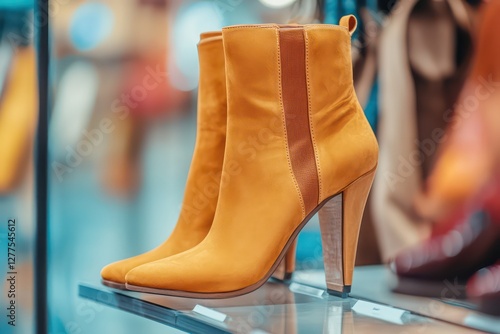 A close-up of a stylish pair of high-heeled autumn boots displayed on a retail shelf.