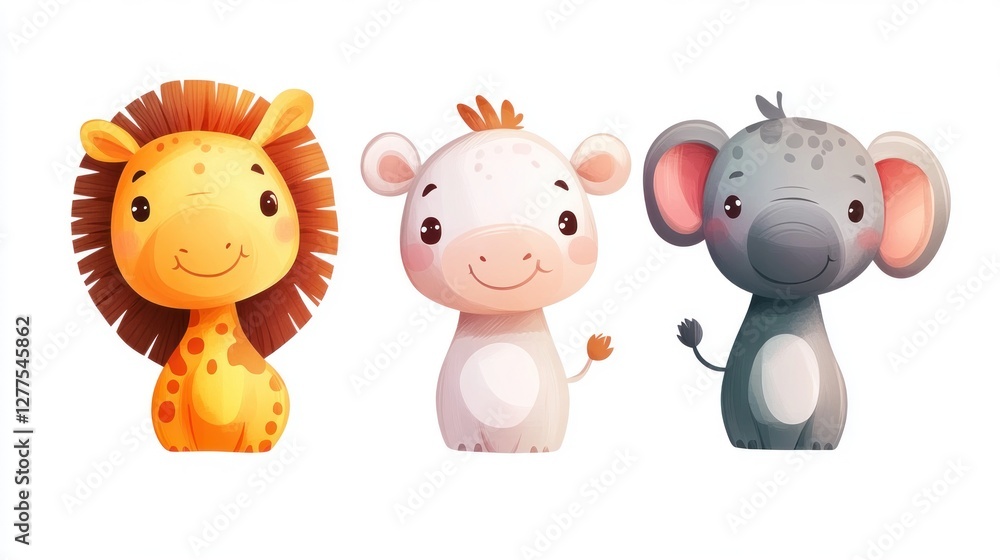 Cute cartoon animals, giraffe, rhino, and elephant. Happy, adorable, and childlike illustration of three African animals. Perfect for kids' books, nursery decor, or educational materials.. Cute cartoon animals, giraffe, rhino, and elephant. Happy, adorable, and childlike illustration of three African animals. Perfect for kids' books, nursery decor, or educational materials..