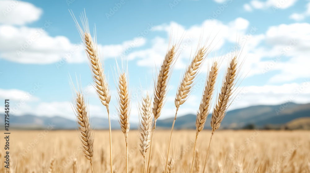 Fototapeta premium Golden wheat swaying gently in warm summer breeze under blue sky