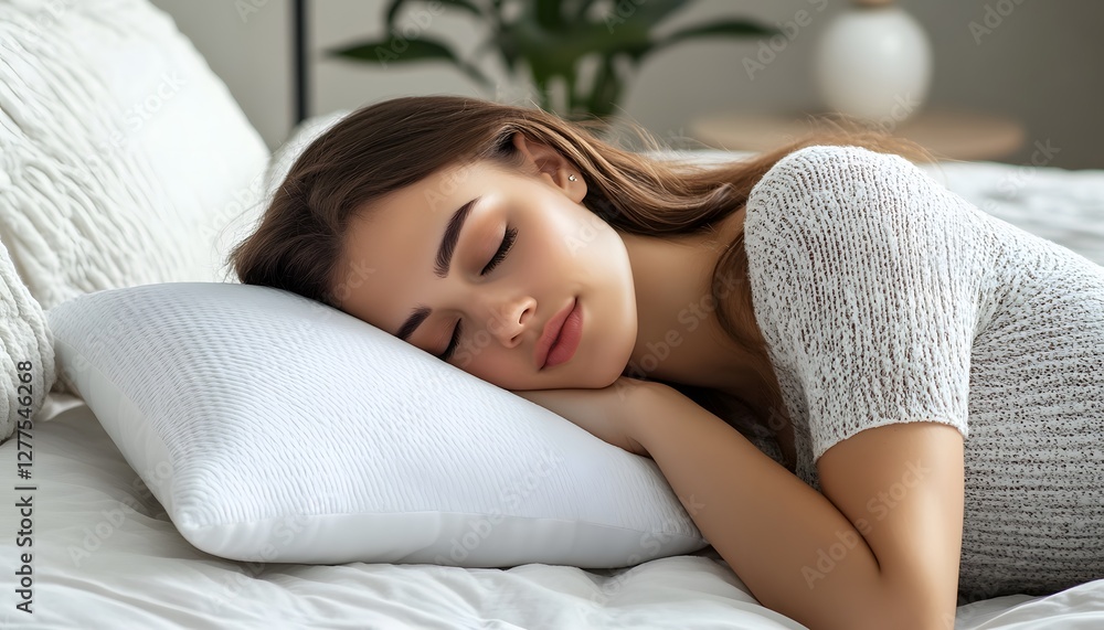 Woman is peacefully sleeping on a comfortable white pillow Woman is peacefully sleeping on a comfortable white pillow