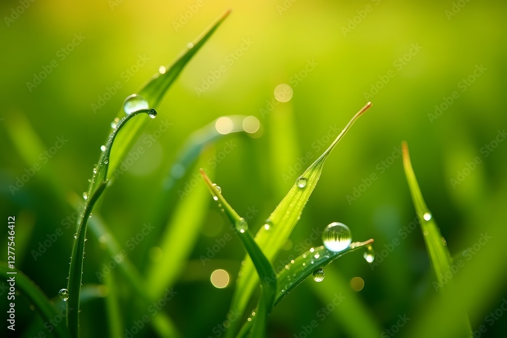 Fresh morning dew on vibrant green grass blades in sunlight Fresh morning dew on vibrant green grass blades in sunlight