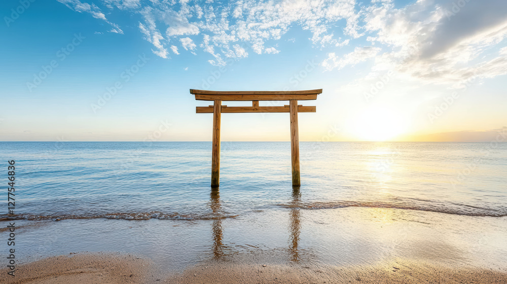majestic torii gate standing in shallow water at sunset, reflecting beauty majestic torii gate standing in shallow water at sunset, reflecting beauty