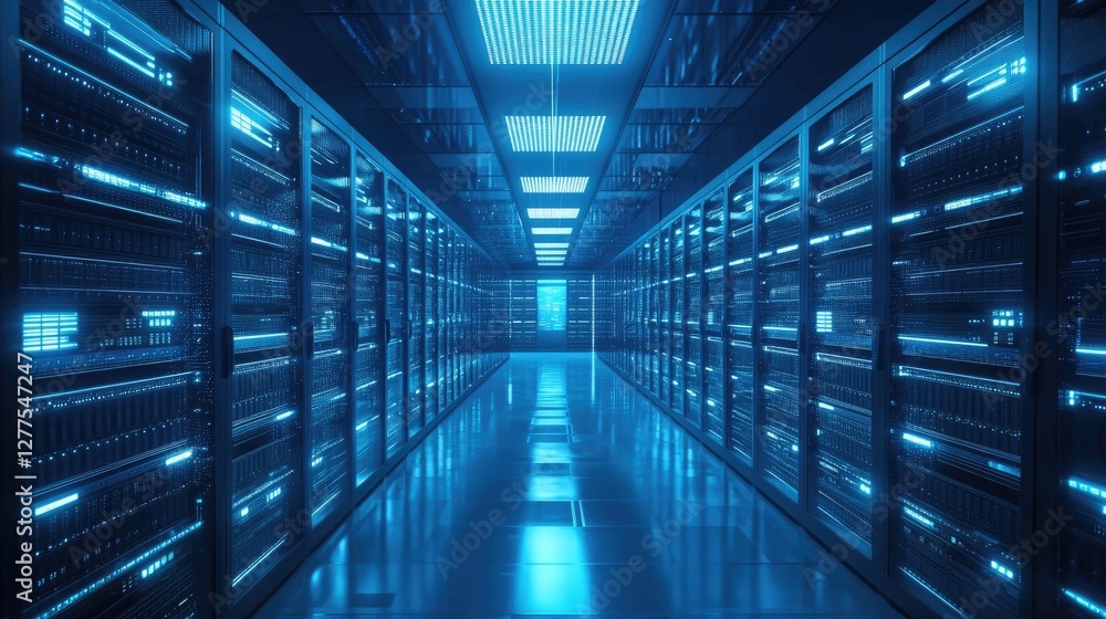 Modern server room with glowing blue data racks and a reflective floor, symbolizing cloud computing, cybersecurity, and data storage. Ideal for IT, networking, and technology visuals Modern server room with glowing blue data racks and a reflective floor, symbolizing cloud computing, cybersecurity, and data storage. Ideal for IT, networking, and technology visuals