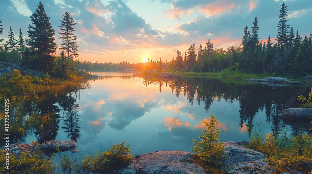 Obraz premium Serene sunset over calm lake reflecting colorful sky and boreal forest.
