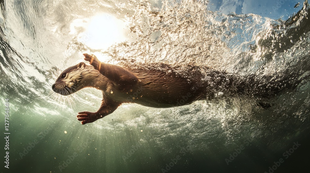 Obraz premium Playful Otter Swimming Underwater with Sunlight Reflections