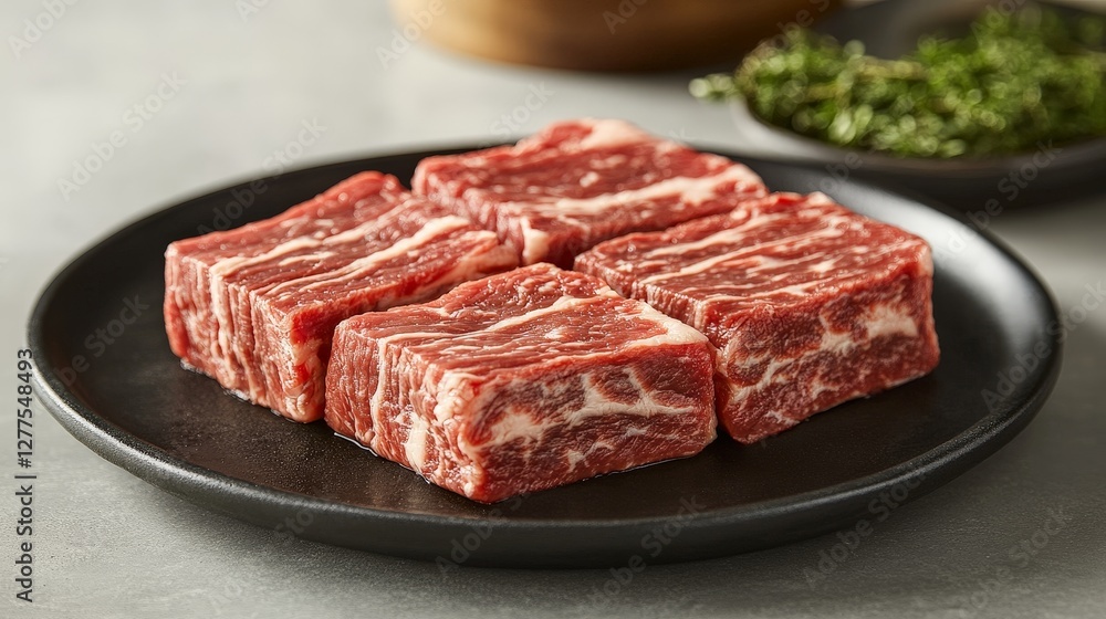 A plate of raw beef short ribs, ready for cooking or grilling. A plate of raw beef short ribs, ready for cooking or grilling.