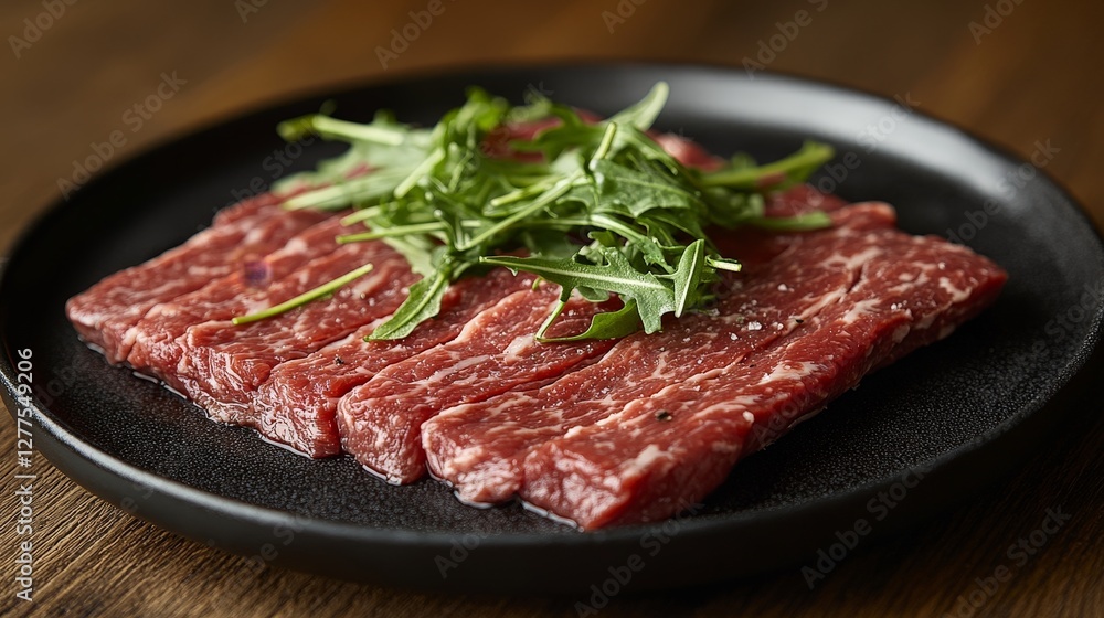 A plate of raw beef slices garnished with fresh greens, ready for cooking or serving. A plate of raw beef slices garnished with fresh greens, ready for cooking or serving.