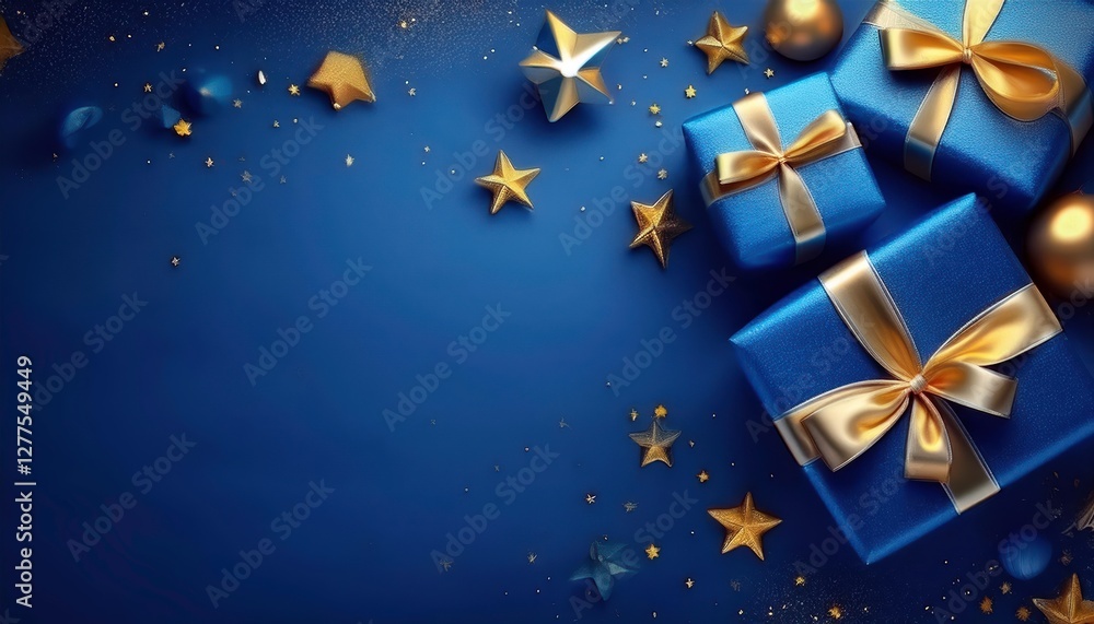 Festive Blue Background with Gold Gift Boxes and Decorations Festive Blue Background with Gold Gift Boxes and Decorations